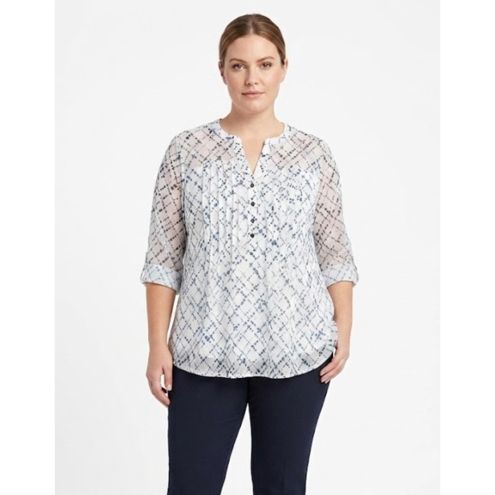 Juniper + Lime Blouse 2X Polka Dot Mesh Roll Tab Sleeve Pleated‎ Stretch